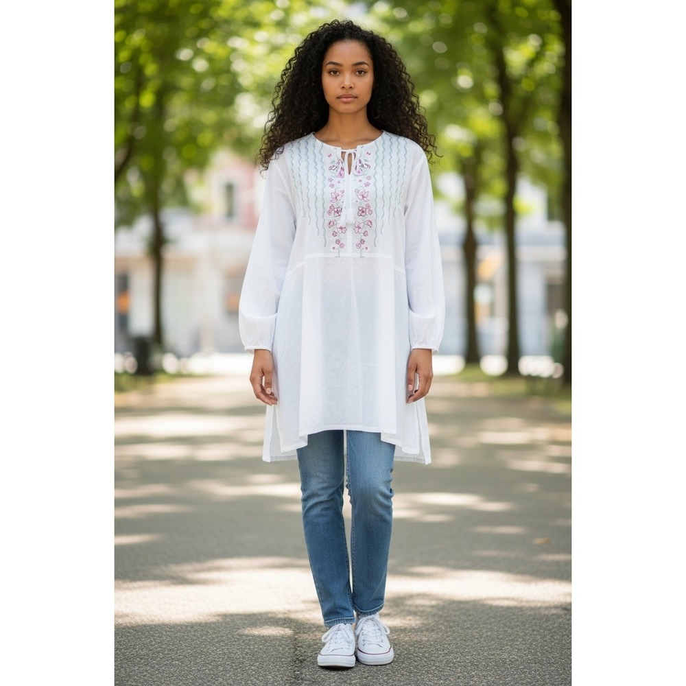 Natural Reflections Boho Floral Embroidered White Cotton Tunic Top Sz XL